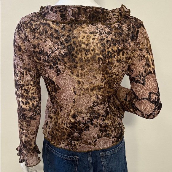 Vintage Euro Y2K But Mainly Leopard & Floral Print Ruffle Mesh Top Cavalli Vibes - Picture 2 of 6